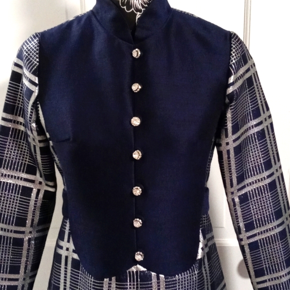 💙VTG 1960s Oscar de la Renta💙 - Navy Silk & Silver Metallic Plaid Mod D - Picture 5 of 16